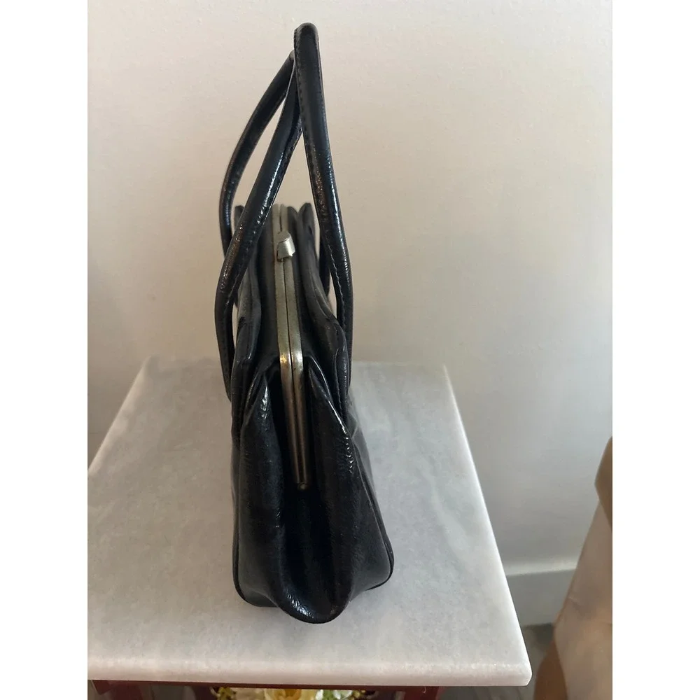 Vintage Black Patent Faux Leather Top Handle Handbag Metal Frame Clasp Closure